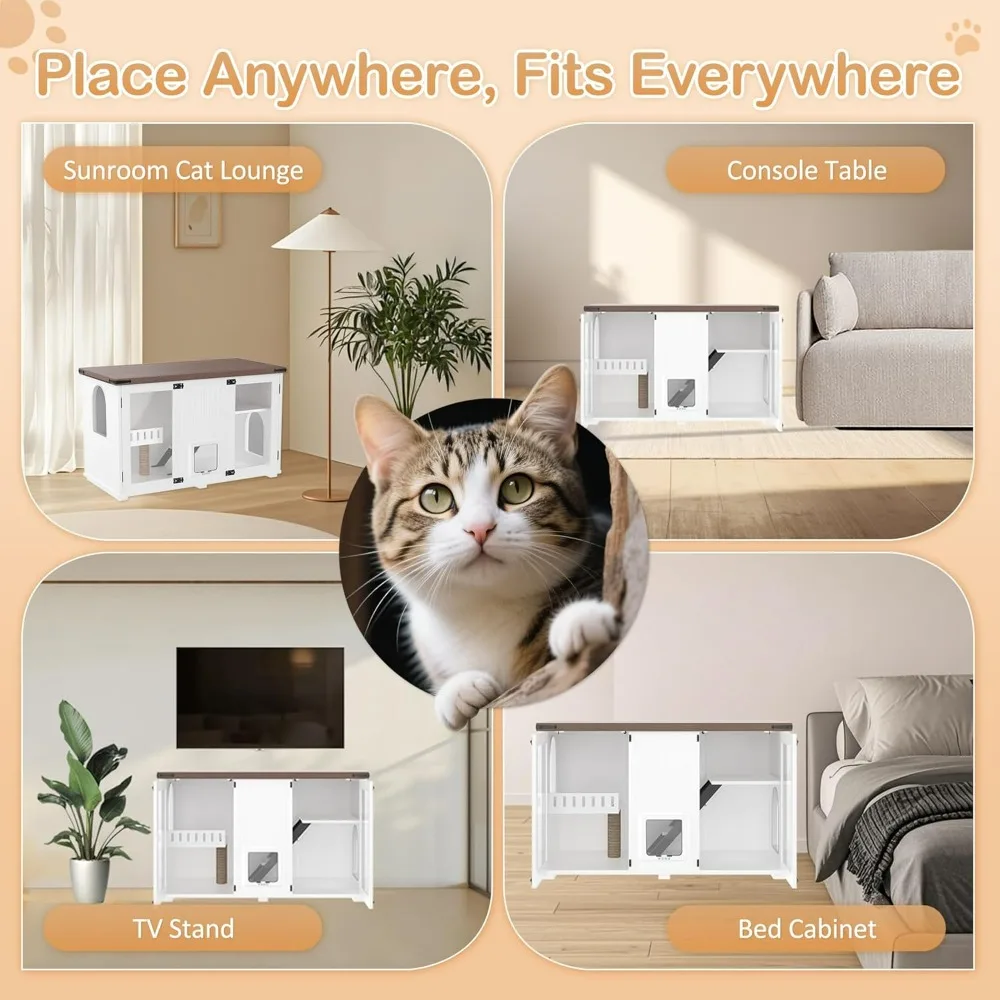 47.25 Inch Multi-Functional Cat Litter Box Enclosure with Smart Door & LED Light, Scratching Post & Stairs, Side Table/TV Stand
