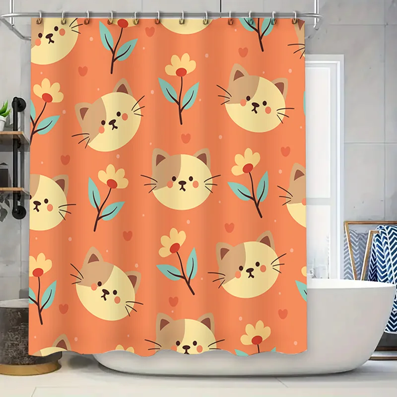 

Adorable Kitten Shower Curtain with Flowers Orange Bath Decor for Kids Bathroom Polyester Fabric Waterproof Perfect Gift Idea