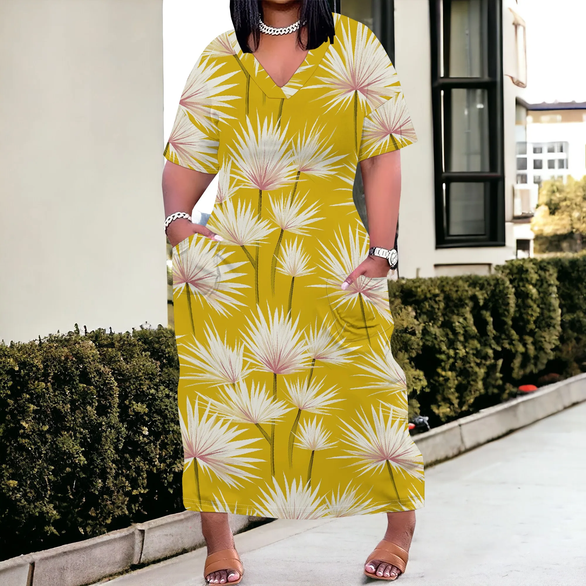 

Tropical Palm Leaf Plus Size Maxi Dress XL-6XL – Yellow Botanical Print for Summer Vacation or Beach Brunch 2025