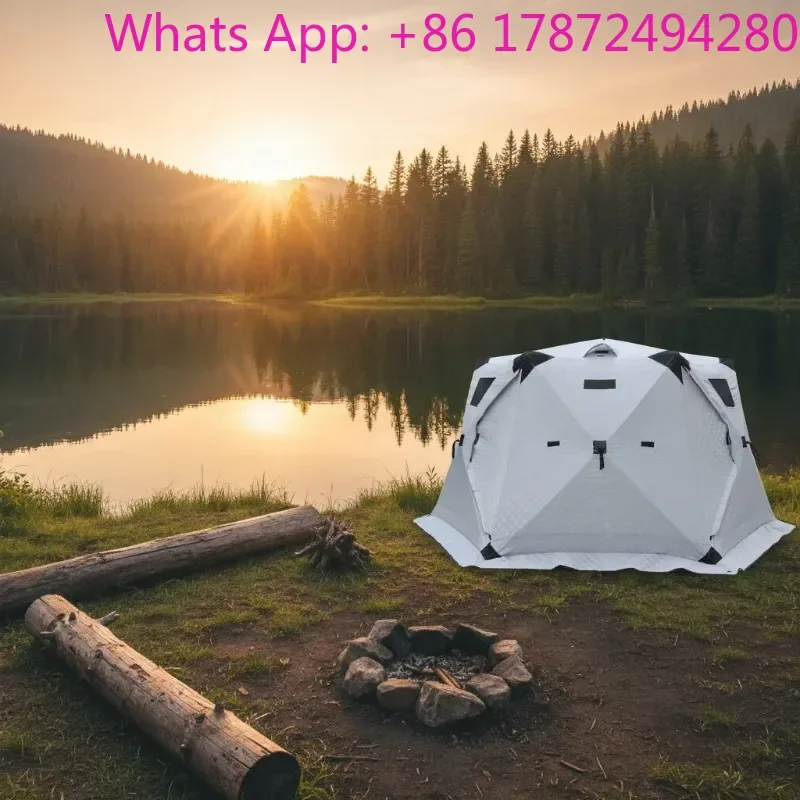 Large Hexagonal Winter Ice Fishing Tent, Insulated Pop-Up Shelter with Waterproof & Windproof Design for Outdoor Camping