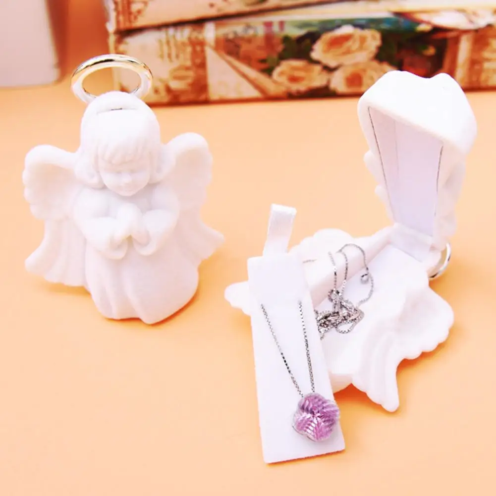 

White Jewelry Box lovely Angel Velvet wedding Ring box Portable Dustproof Storage White Angel Jewelry Storage Box for Women