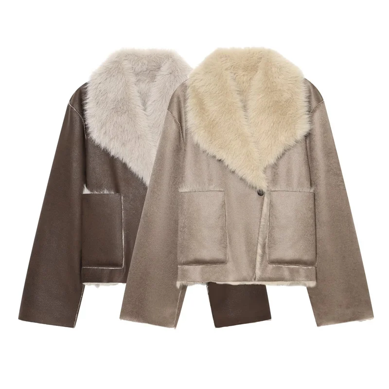 Guobioziy Women's Jacket 2026 Fall/Winter New Versatile Design Long-Sleeve Collared Double-Sided Faux Fur Mid-Length Coat