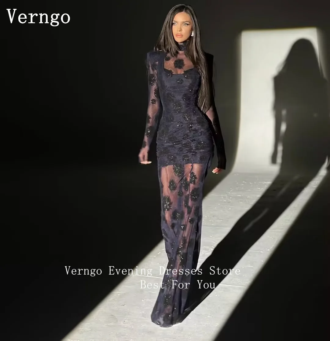 

Verngo черное кружевное вечернее платье с цветами и высоким воротом, с длинными рукавами, платья русалки для выпускного вечера, сексуальные иллюзорные вечерние платья, Аравия по индивидуальному заказу