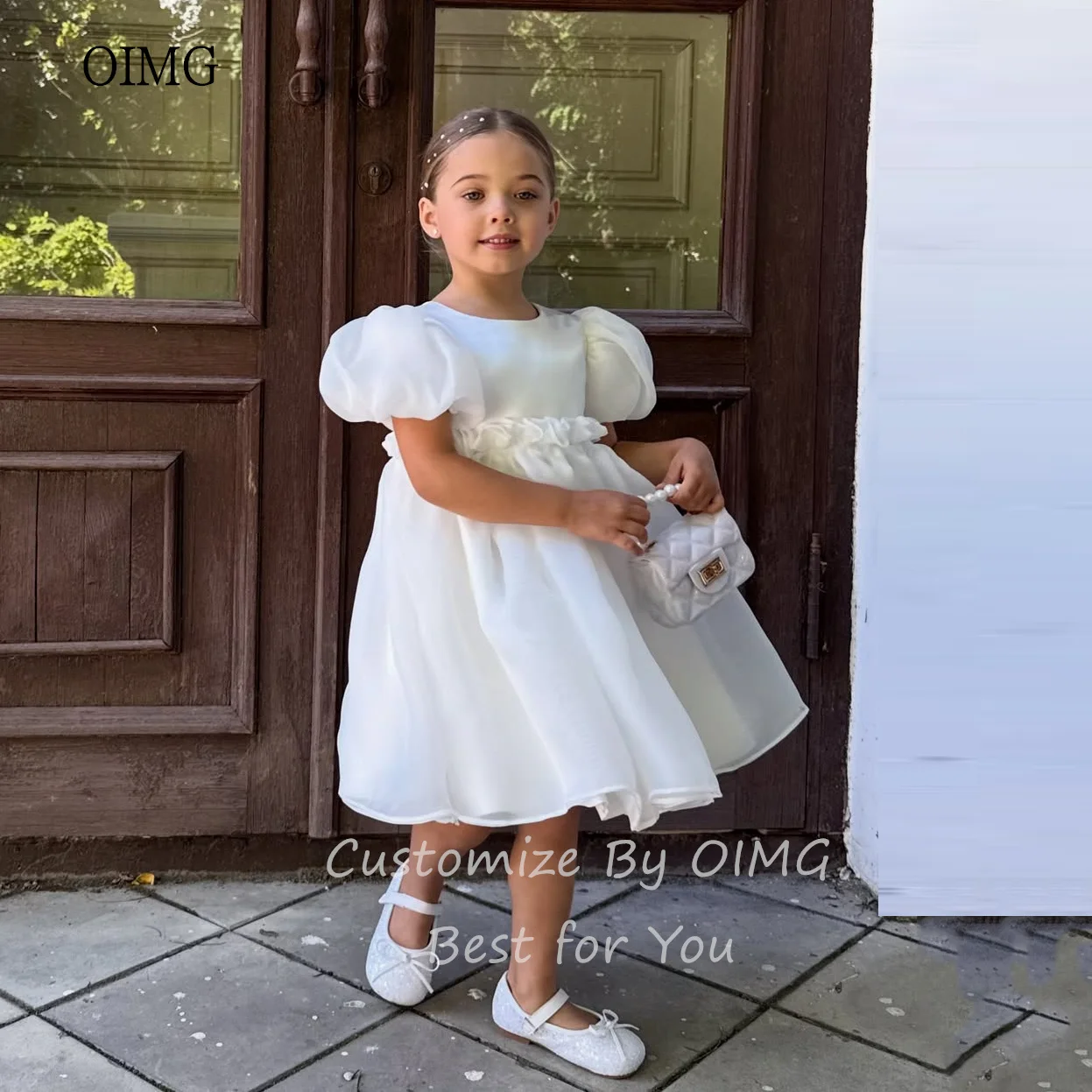 OIMG 아이보리 오 넥 A 라인 플라워 걸 드레스 퍼프 슬리브 무릎 길이 웨딩 파티 드레스 생일 성찬식 맞춤형