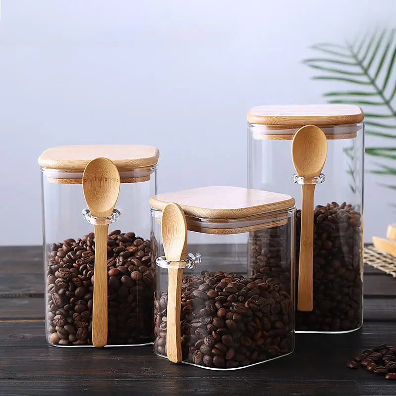 1pcs 800/1000/1200ml Square Sealed Glass Storage Jars with Wooden Spoon,Coffee Bean,Tea,Grain,Seasoning Food Storage Containers