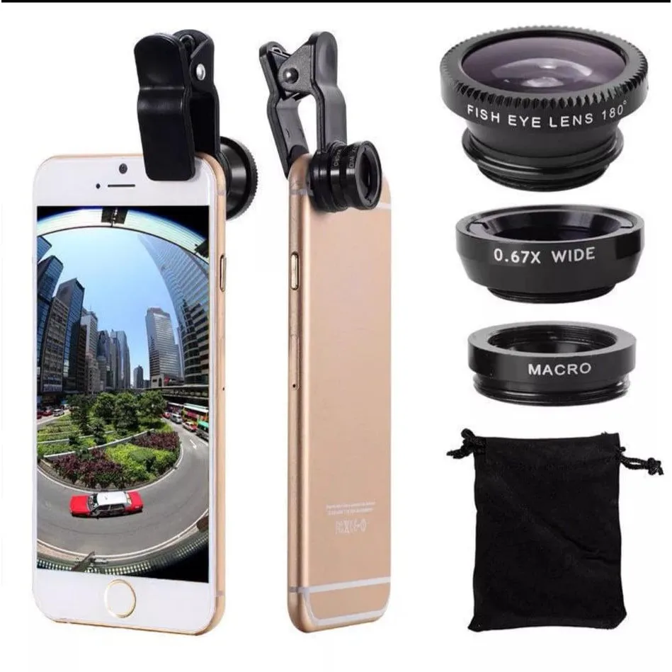 3-in-1 Clip-On Phone Camera Lens Kit 180° Fisheye Lens + 0.67X Wide Angle & Detachable Macro Lens for Mobile Photography Vlog