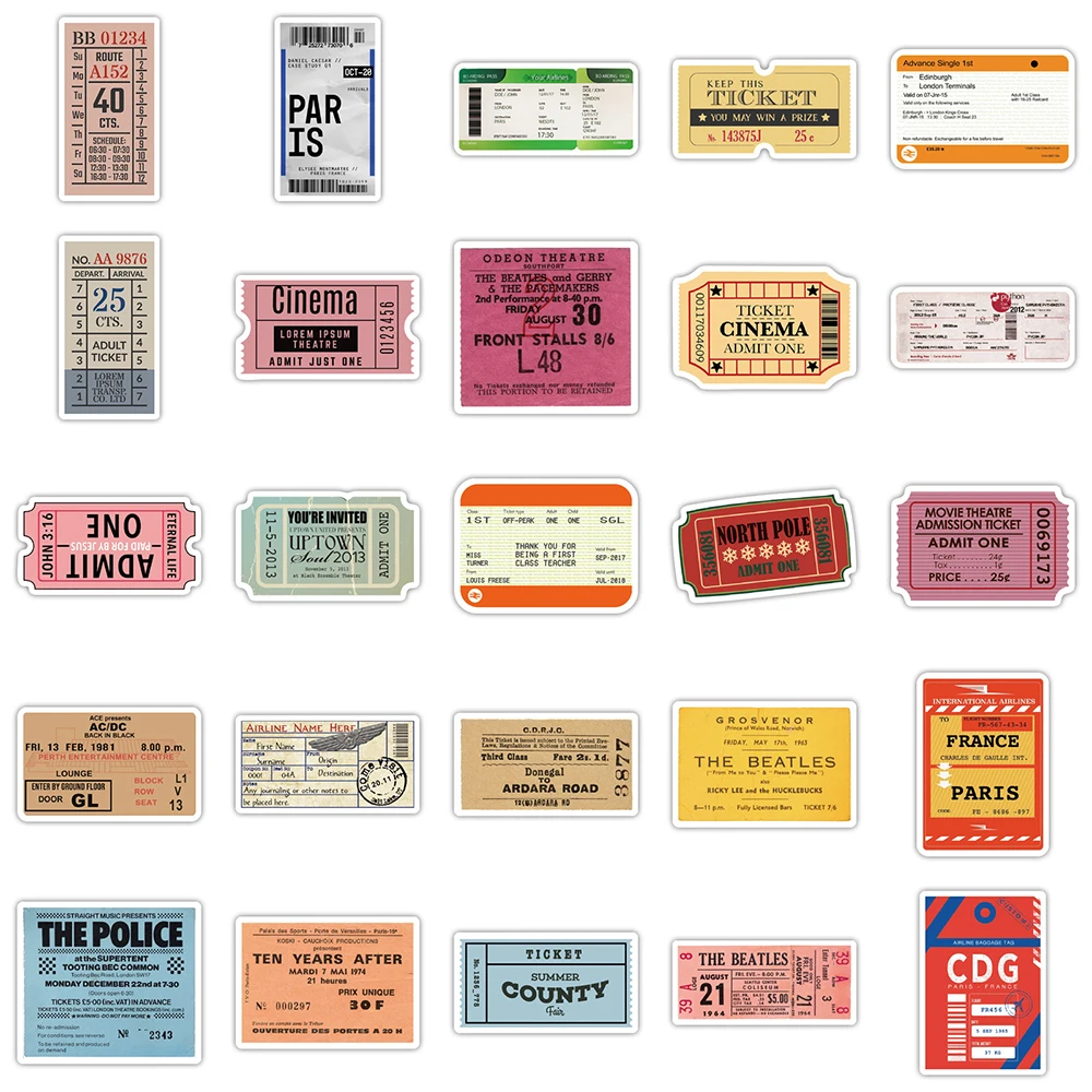 Vintage Classic Air Tickets Adesivos, Impermeável, Retro, Legal, Desenhos Animados, Decalques, Brinquedos, Laptop, Notebook, Parede, Bagagem, Presente, 10, 30, 50Pcs