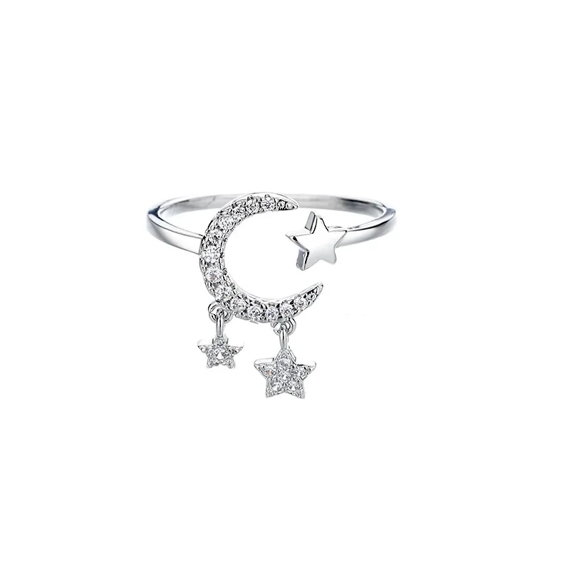 925 Sterling Silver Zircon Moon Star Charm Ring Jewelry For Women Girls Wedding Birthday Party Gift Trendy Anillos De Plata