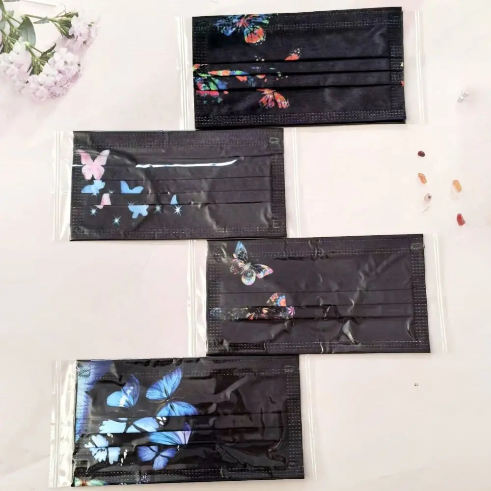 

10 шт. одноразовых масок для лица с красочным принтом бабочек, трехслойные черные противопылевые маски из нетканого дышащего материала