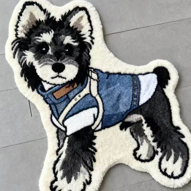 VIKAMA Schnauzer Denim Outfit Shaped Rug Non Slip Washable Soft Plush Floor Mat Cartoon Animal Bedroom Home Decor Carpet Doormat