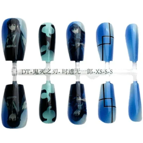 30pcs/Tokitou Muichirou Blue Cartoon Character Stripes Fake Nails Lightweight Waterproof Cosplay Character Impression Manicure