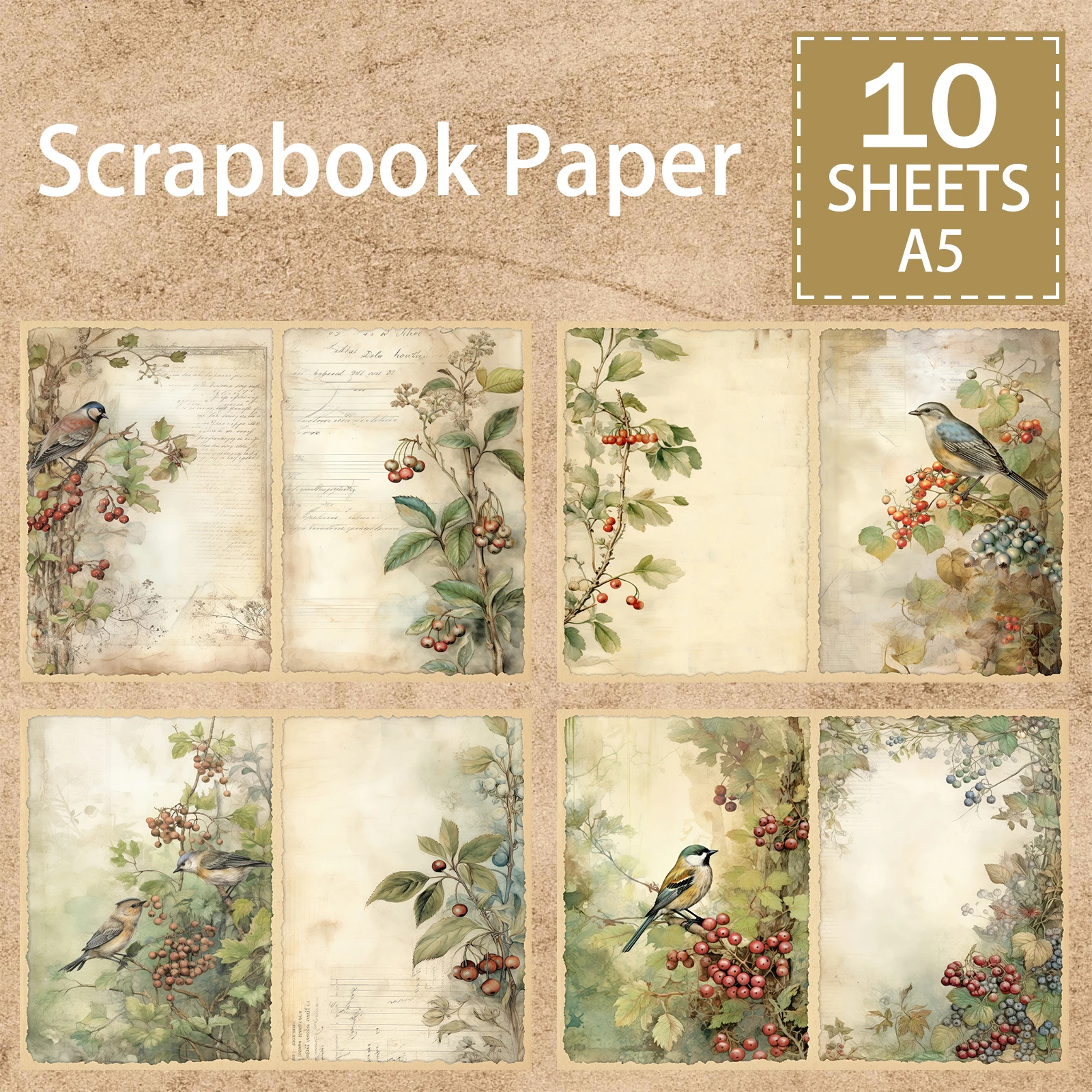 10 Sheets A5 Size Christmas Holly Berry Bird Background Vintage Grunge Journal Planning Scrapbooking