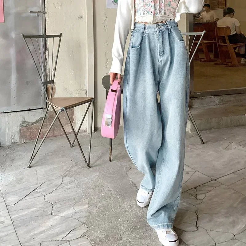Women Denim Vintage Wide Leg Pants Jean Washed Loose Fit High Waist Jeans Pockets Zipper Fly Solid Full Length Pants Basics