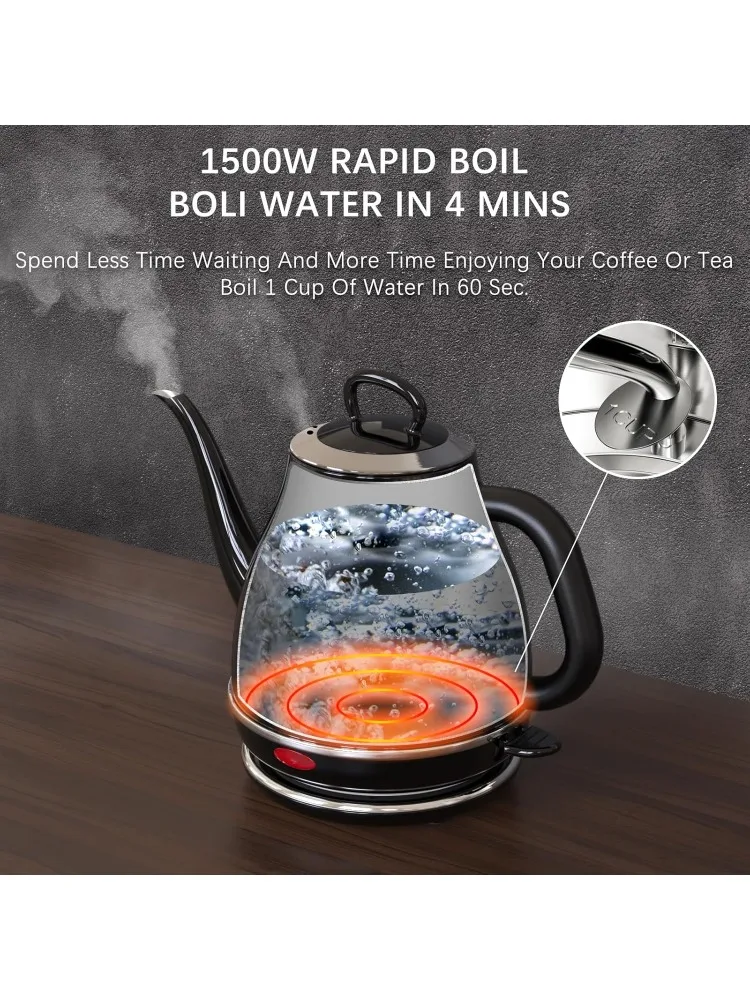 Bollitore elettrico a collo di cigno, bollitura rapida da 1 litro 1500 W, bollitore per caffè e tè senza BPA in acciaio inossidabile al 100%, bollitore per acqua