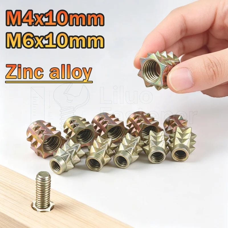 20~100pc Zinc Alloy Spiked Wood Insert Nut, Flang‑less Furniture Embedded Nut Threaded Insert Nuts for Wood Furniture Link M4 M6