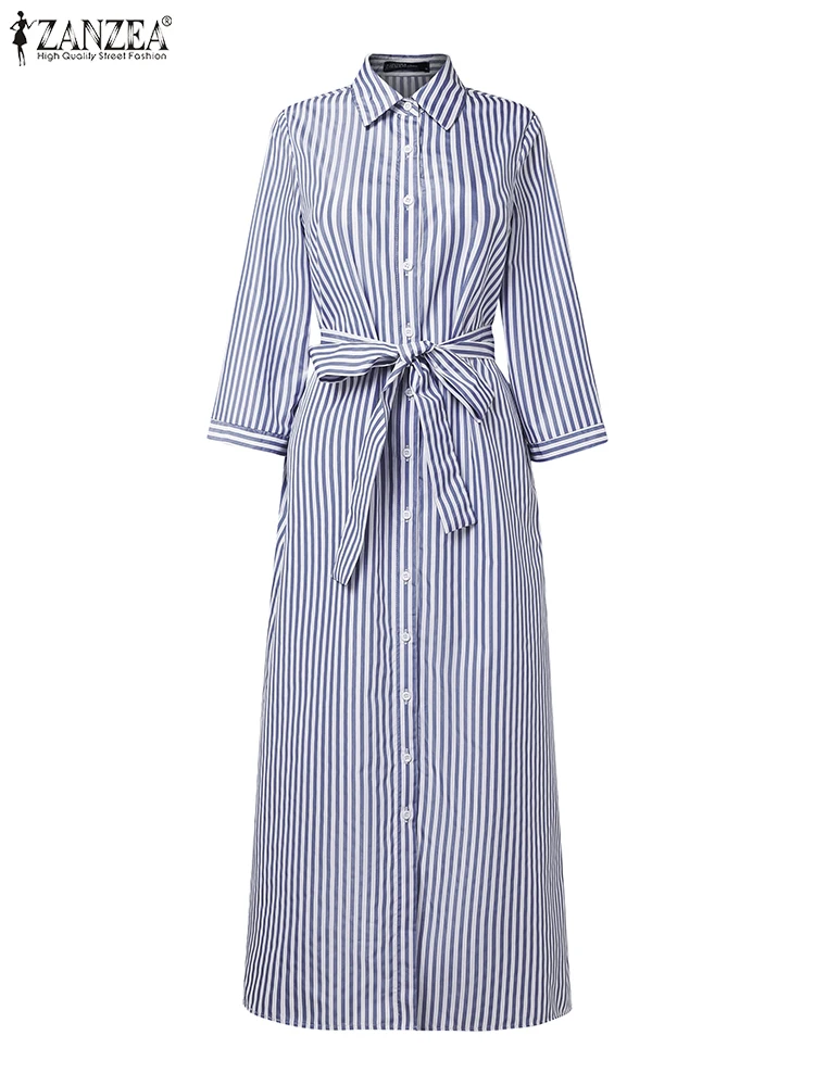 Damen-Herbstkleider 2025, ZANZEA Büro-Streifen-Hemdkleid, elegantes Reverskragen, lange Ärmel, Gürtel, Robe, stilvolles OL-Arbeits-Sommerkleid