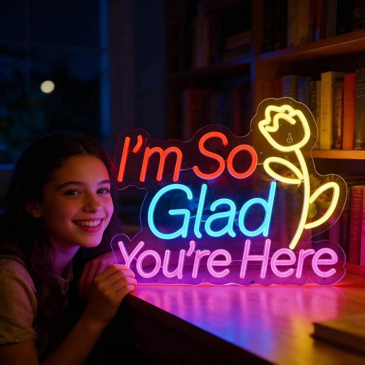 Im So Glad Youre Here Neon Sign Flower LED Neon Light for Game Room Office Bar Shop Bedroom Wall Decor Gifts USB Powered