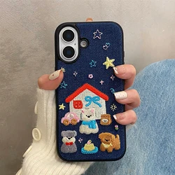 Fashion Denim Fabric Embroidery Puppy Dog Phone Case For iPhone 16 15 13 14 Pro Max Shockproof Back Cover Shell