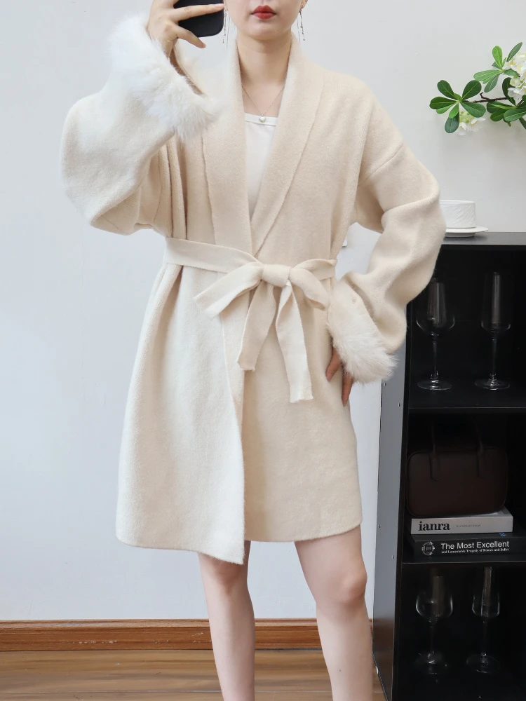 두꺼운 니트 코트 고품질 울 소매 스플라이스 레이스업 가디건 2025 가을 겨울 한국 우아한 스웨터 재킷 여성용