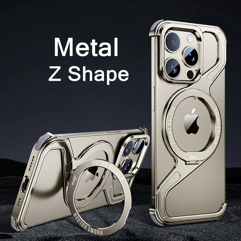 

Чехол для телефона Z-образной геометрической металлической рамкой для iPhone 16 Pro 15 14 13 Pro Max Plus, полностью чехол с магнитным кронштейном из алюминиевого сплава