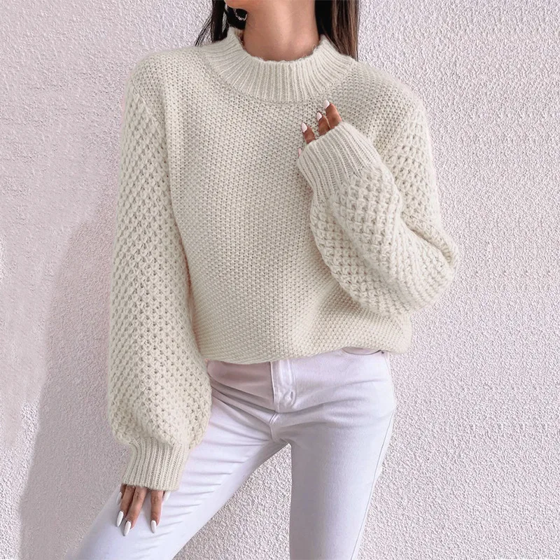 Mulheres pulôver camisola casual tricô topo oco para fora gola redonda jumper senhora do escritório malhas 2025 outono inverno malha topos
