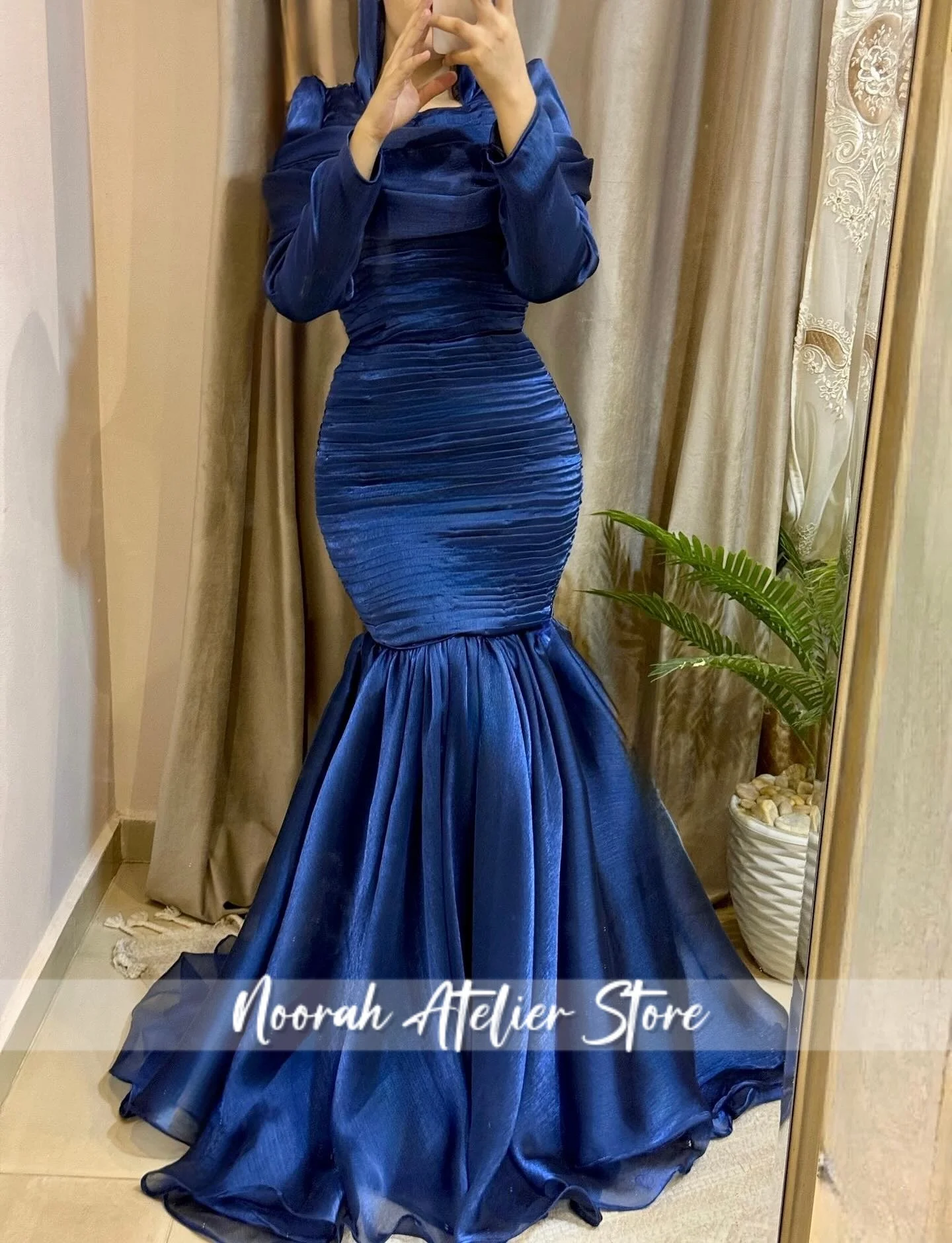 New Elegant Blue High-Neck Evening Dresses Long Sleeves Prom Mermaid Muslim Formal Gown For Woman robe de bal Dubai Customized