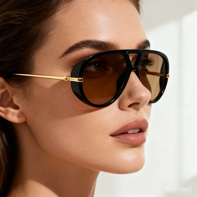 موضة فاسق كبير الطيار النظارات الشمسية الجديدة النساء الفاخرة 2025 المتضخم جسر مزدوج جوفاء أسود أصفر نظارات السيدات المعادن الإناث #6