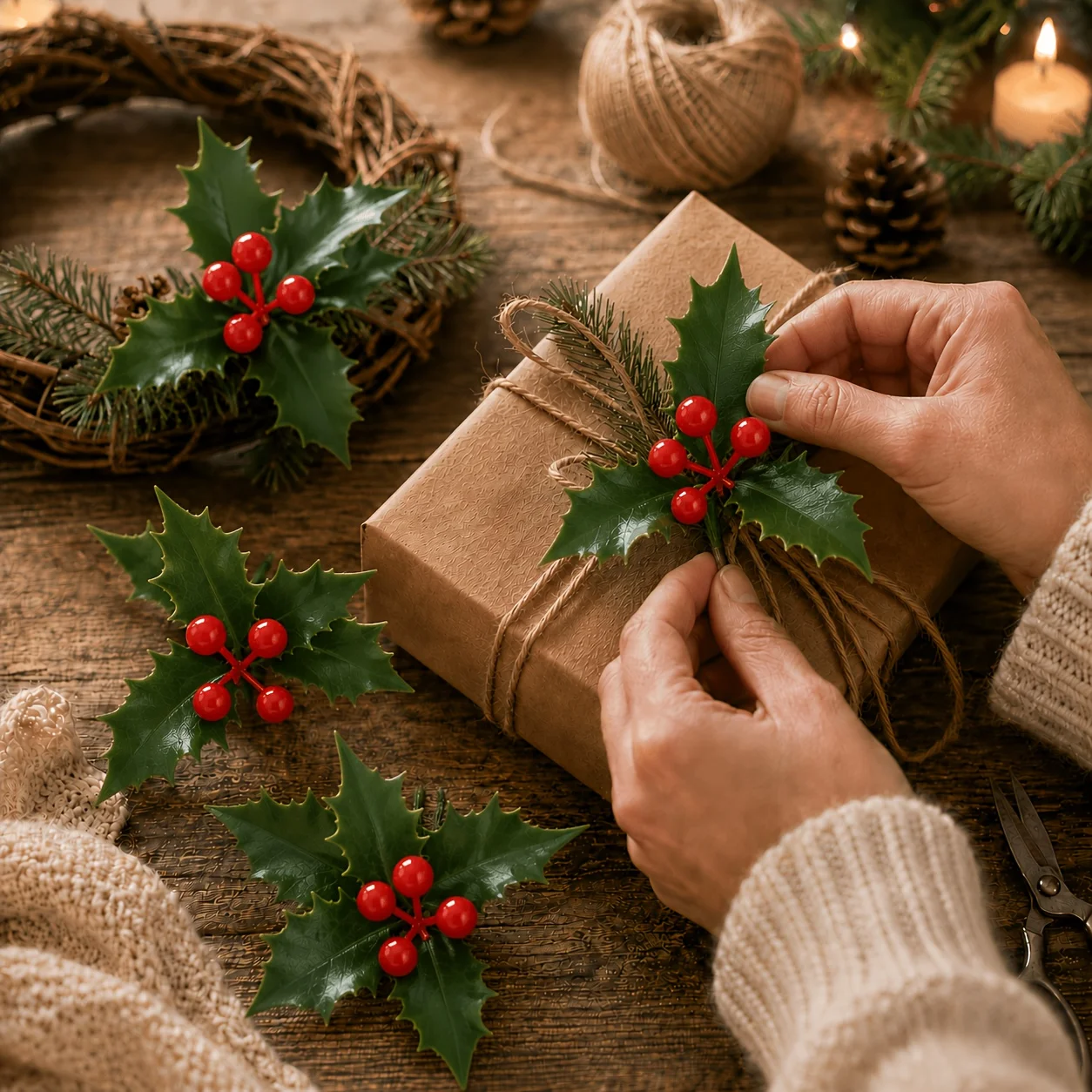 10/20/40pcs Christmas Artificial Holly Leaf Red Berry Branches Fake Plant for Wreath Gift Box Craft Decoration