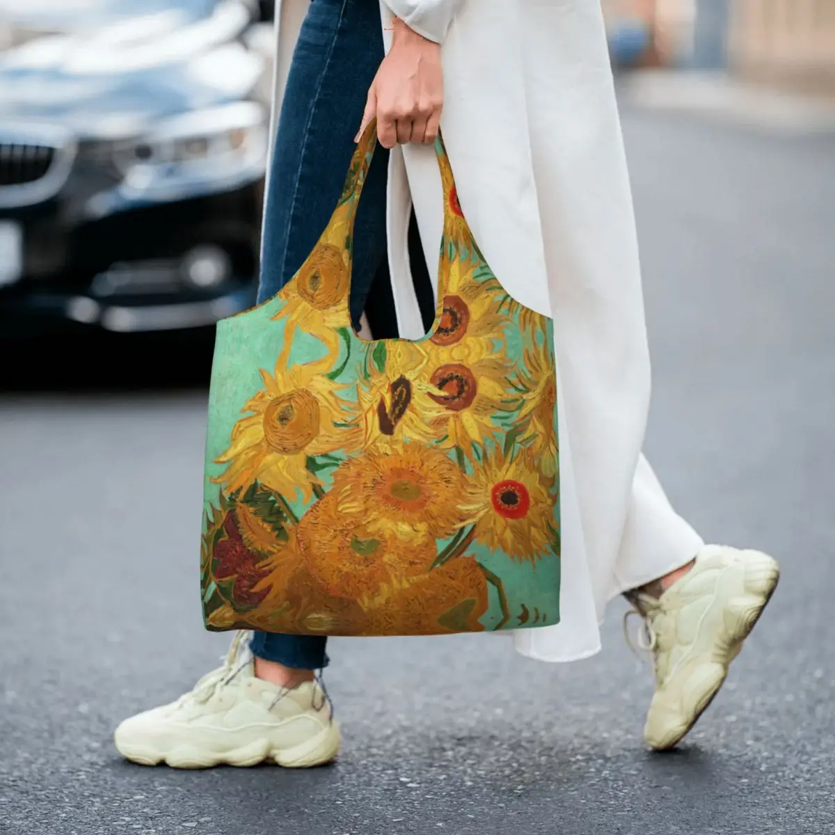 Vincent Van Gogh Twelve Sunflowers Grocery Shopping Bag Cute Printed Canvas Shopper Tote Shoulder Bag Capacity Portable  Handbag