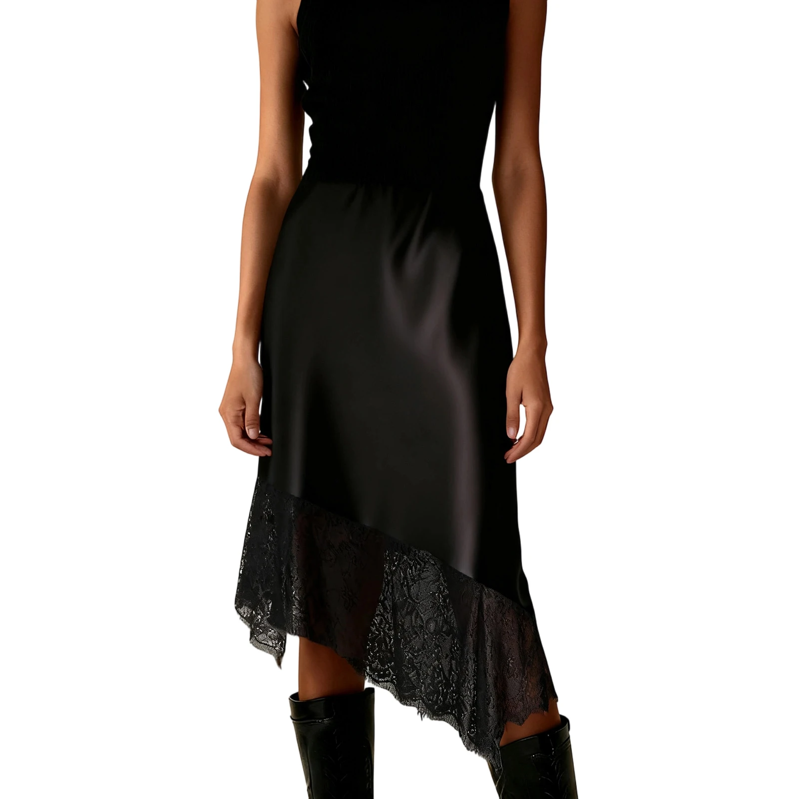 

Women s Satin Lace Midi Skirt Elegant Solid Color Asymmetric Hem Loose Fit Knee Length Skirt for Party Work Daily Wear