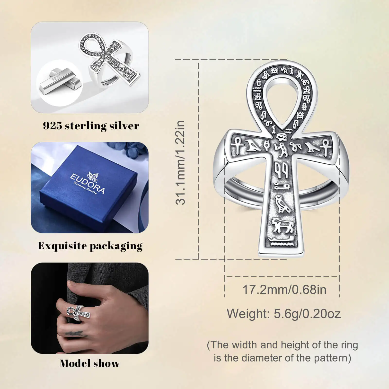 Eudora 925 Sterling Silver Ancient Egyptian Ankh Cross Adjustable Ring for Men Women Fine Symbol of Life Cross Amulet Ring Gift