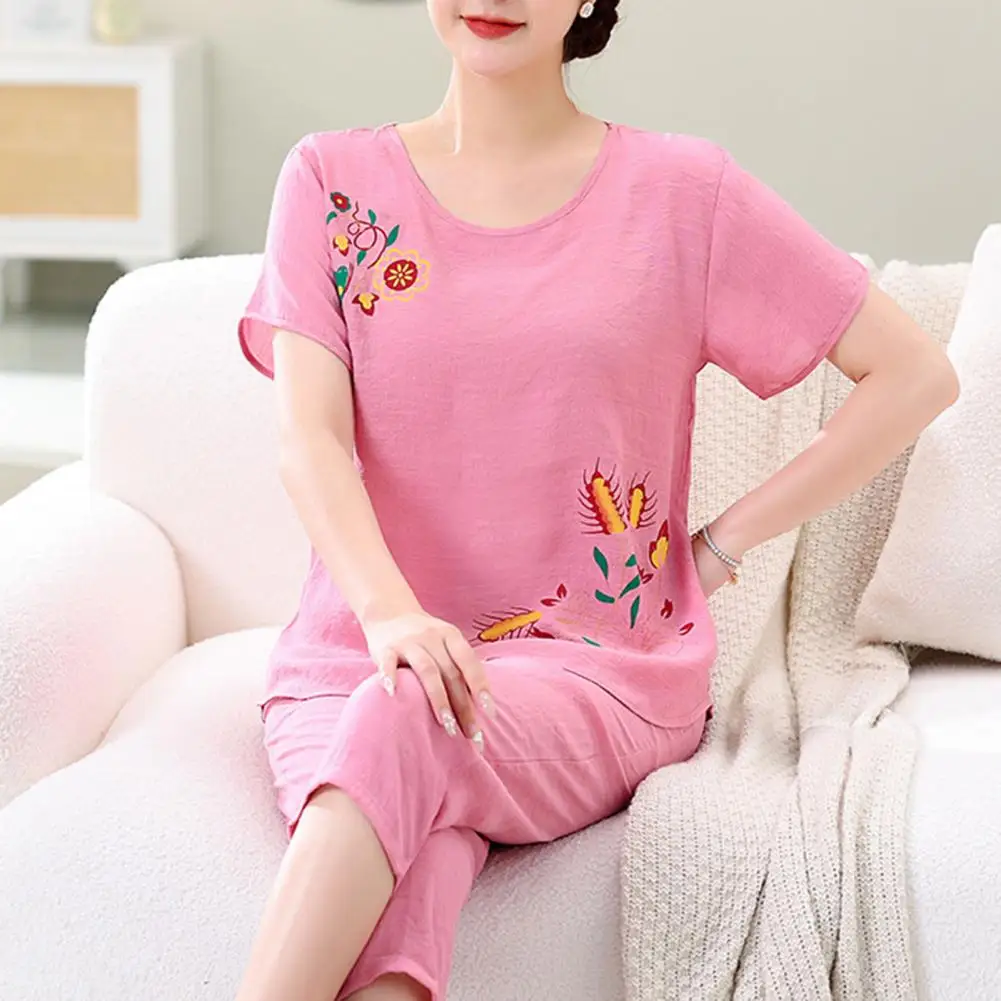 Mom Night Clothes Short Sleeves Mother Pajamas Set Mid-calf Length Pants Grandmother Homewear Women Clothes