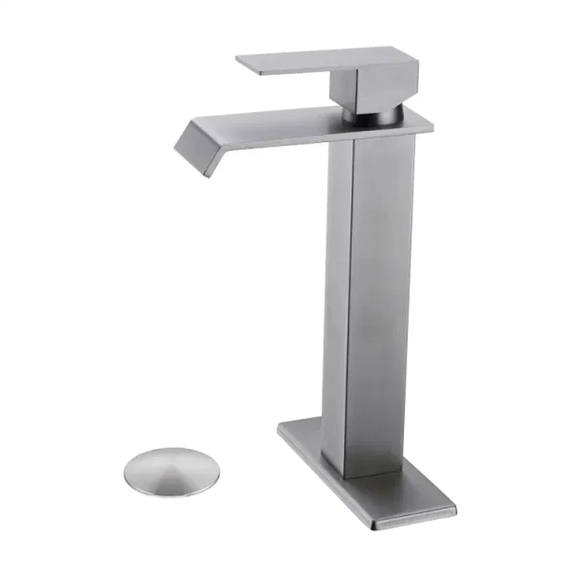 304 Waterfall Spout Faucet High Square Single Handle Bathroom Washbasin Sink High Bend with Pop-up Drain Pipe (no Overflow)