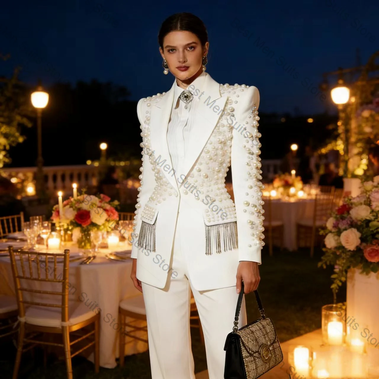 White Women Suit Set 2 Pcs Blazer Pants Trousers Luxury 3D Flower Formal Office Jacket Customized Wedding Tuxedo Guest Coat