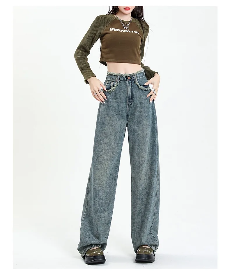 Summer New High Waist Straight Jeans Women High-Quality Vintage Classic High Street Full Length Straight Leg Tassel  Denim Pant