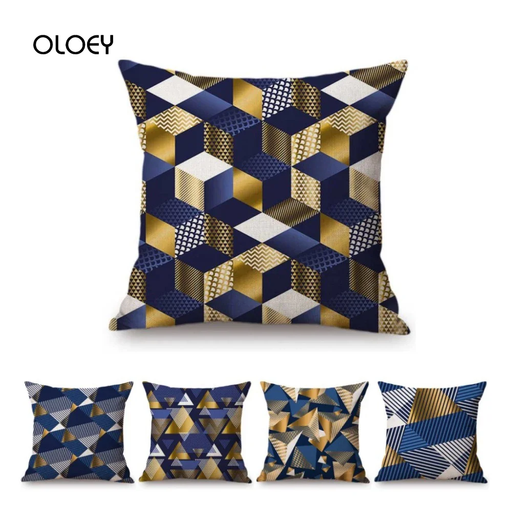 Blue Gold Geometric Decorative Polyester Pillow Case Home Bedroom Hotel Car Seat Decorative Pillow Case Wedding Gift 45x45cm  ..