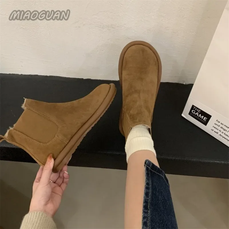 Autumn and Winter Women\'s Snow Boots New Flat Bottom Warm Cotton Ankle Boots Shoes Casual Plush Solid Short Botines for Women