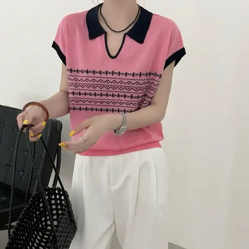 

Spring New Style Turn Down Collar Polo Shirt Top, Short Sleeved Knit Shirt, Base Shirt, Temporation Popularity Top