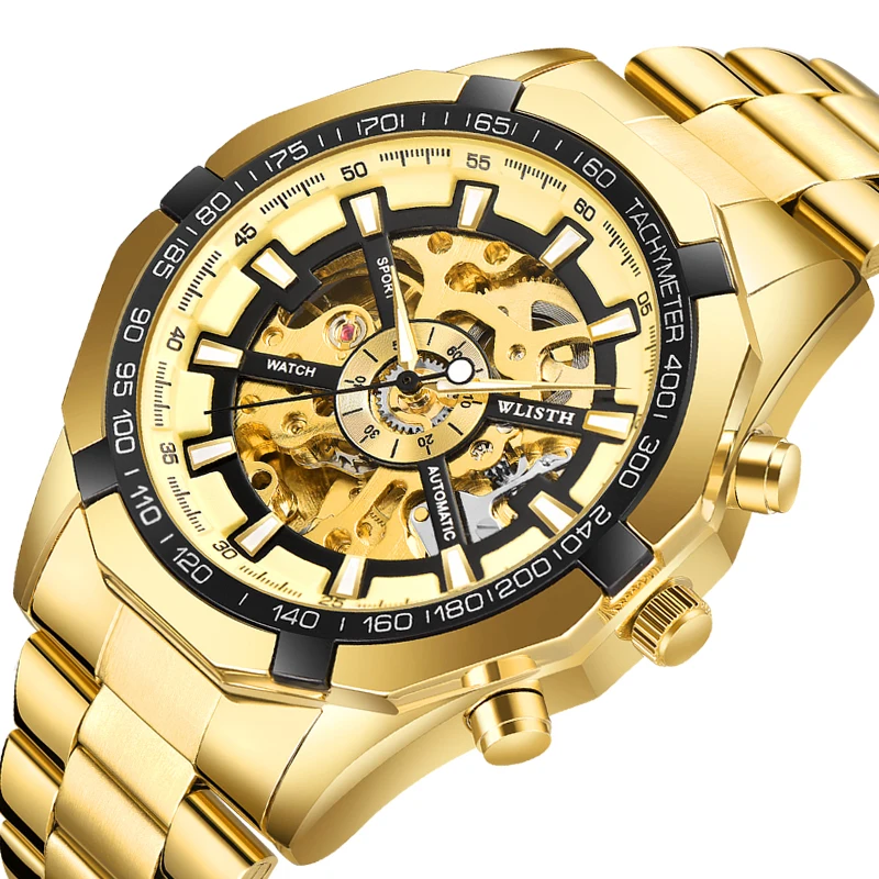 Automatic Mechanical Watch for Men Stainless Steel Golden Black Color Hollow Style Precise Movement Watch Casual Wristwatch