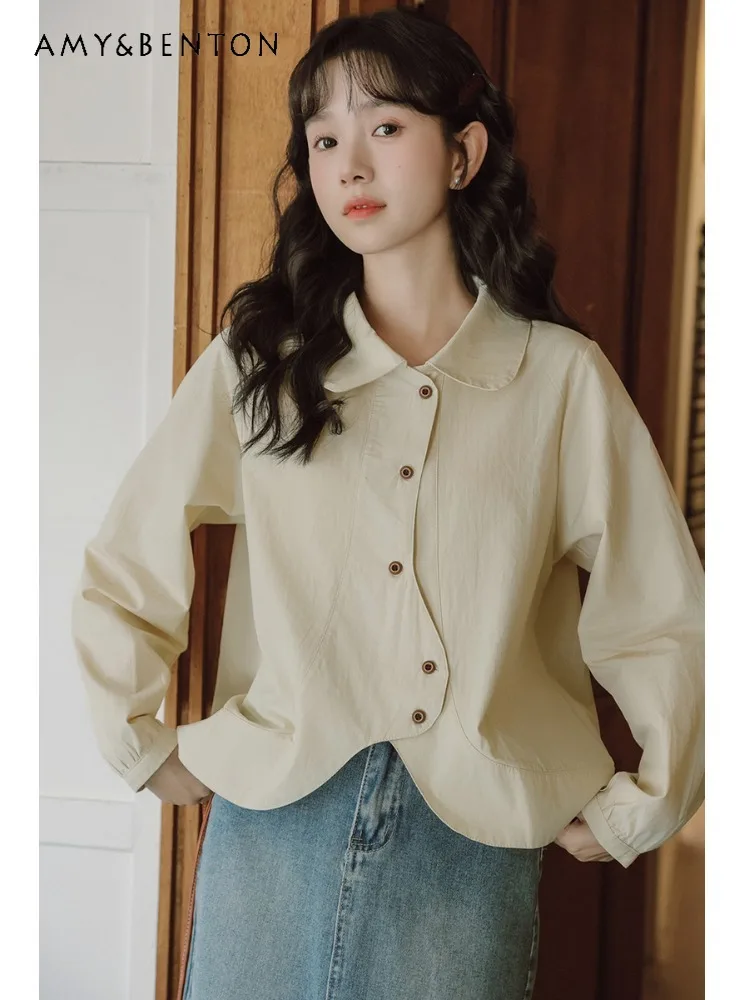 

Loose Irregular Long Sleeve Shirt Spring Autumn New Japanese Retro All-Matching Shirt Sweet Temperament Commute Style Blouses