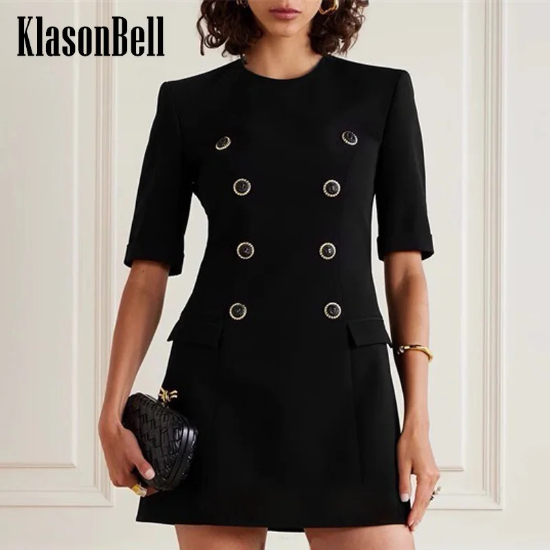 

7.31 KlasonBell Women Black Fashion Temperament Shoulder Pads Short Sleeve Dress Double Breasted Slim Mini Dress