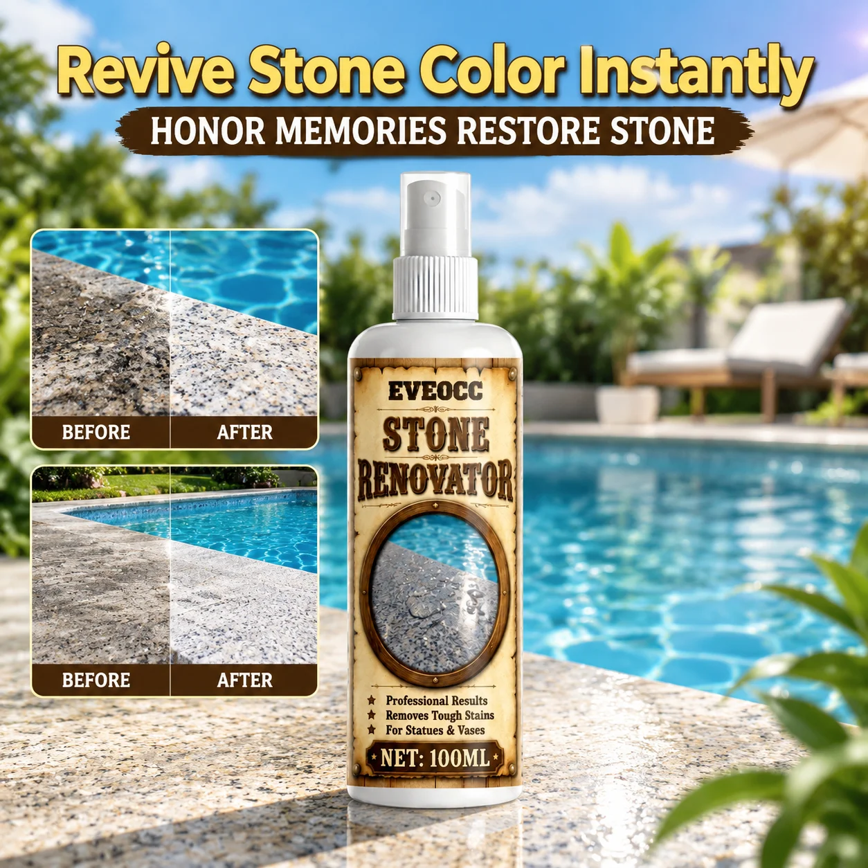 EVEOCC Stone Renovator Spray 100ml, Professional Stone Cleaner Tough Stain Remover for Sink, Statues, Vases & Stone Surfaces