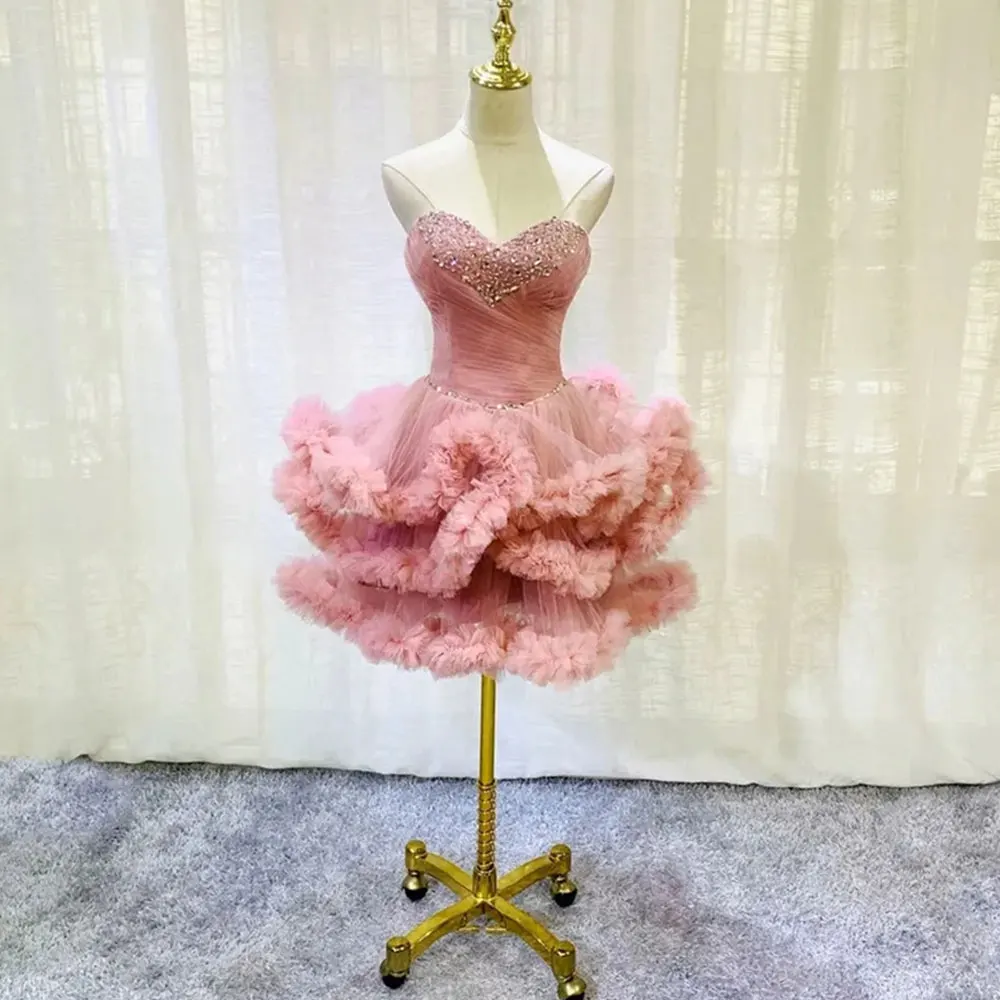 Customized CustomizedSweetheart Short Cocktail Dress With Crystal Tulle Tiered Pink Mini Draped Women's Backless Lace-up Fashion