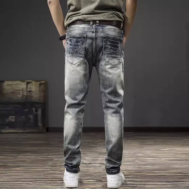 الشارع مصمم أزياء الرجال الجينز الرجعية غسلها تمتد سليم صالح ممزق الجينز الرجال Y2K التطريز خمر الدنيم السراويل Hombre