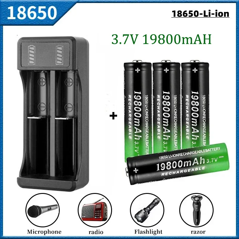100% New 18650 Battery 3.7V 19800mAh Rechargeable Li-Ion Battery with Charger for Led Flashlight Batery Litio Battery+ Charger