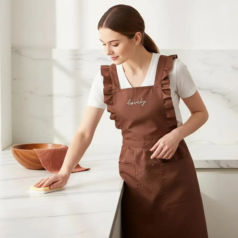 Cute Polka Dot Cooking Apron Sweet Heart Ruffle Edge With Big Front Pocket For Baking Household Cleaning Use