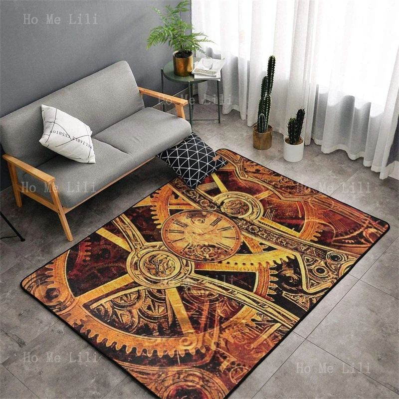 Bedroom Living Room Flannel Floor Rug Home Decor Cool Steampunk Running Gears Rustic Part Quick Dry Throw Non Slip Carpet