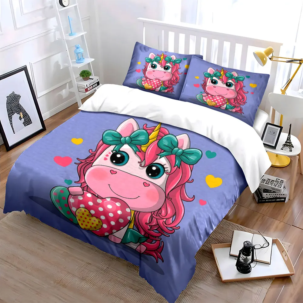 Cute unicorn hugging colorful hearts Bedding Set for Kids Luxury Gift 3pcs Digital Print Comforter Set Soft Comfortable