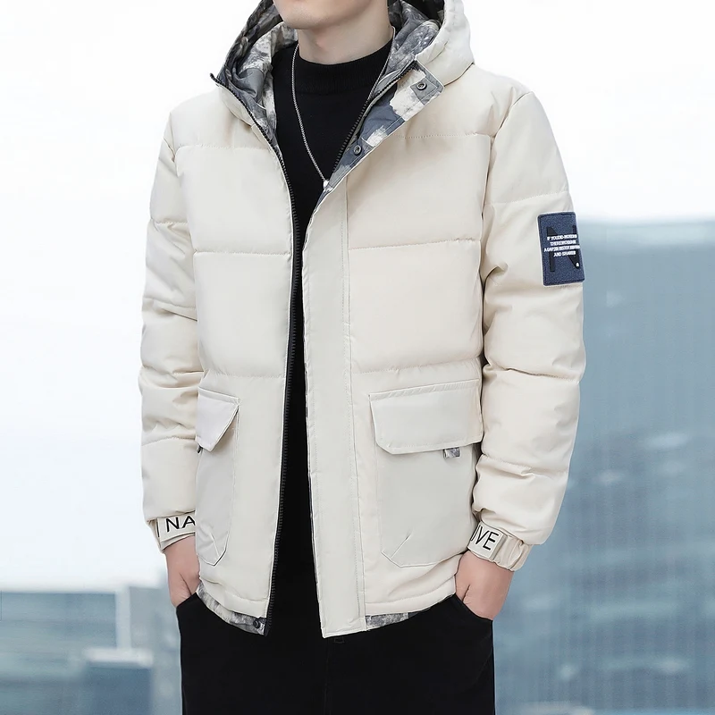 เสื้อแจ็คเก็ตบุหนาสำหรับผู้ชาย ฤดูหนาว พร้อมฮู้ด ผ้าฝ้าย ซับในลายพราง