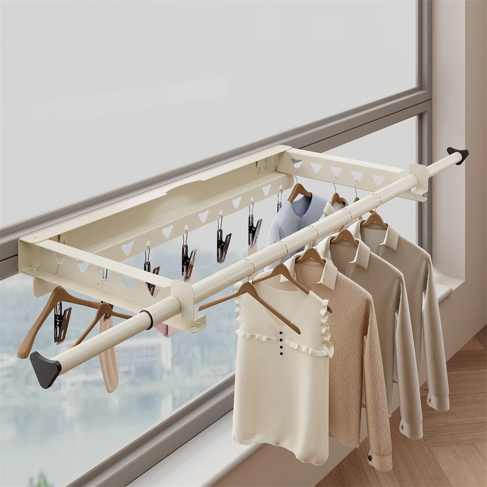 1 Stück einziehbarer Wäscheständer – unsichtbarer faltbarer Kleiderbügel mit 7 Clips für den Innenbereich im Balkon, Wäscherei-Organizer ohne Bohren – Detail 9
